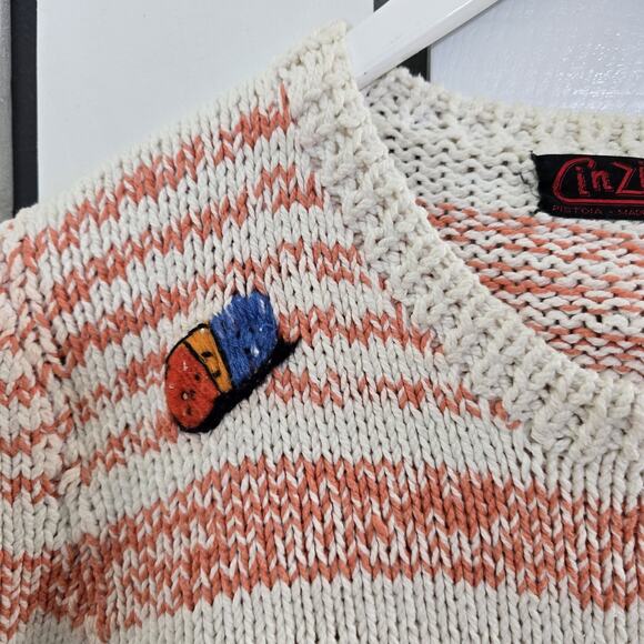 Cinzia Pistoia Hand Knit Flower Cotton Crew Sweater Small Orange Striped Cottage - Picture 6 of 9